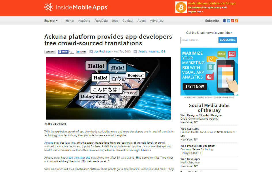 Ackuna platform provides app developers free crowd-sourced translations, InsideMobileApps.com, 2013