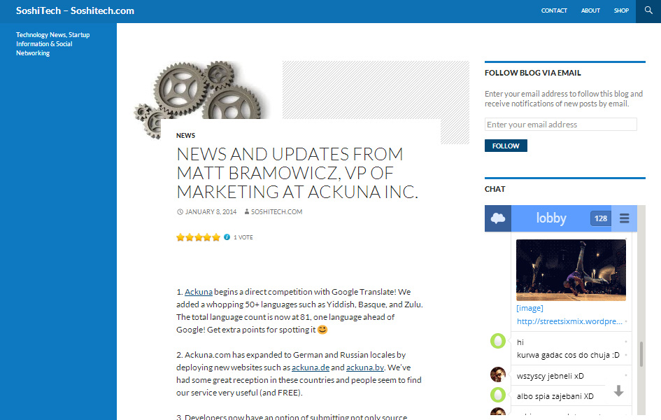 NEWS AND UPDATES FROM MATT BRAMOWICZ, VP OF MARKETING AT ACKUNA INC., Soshitech.com, 2012